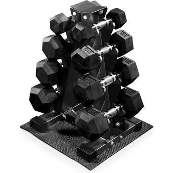 Rubber Coated Hex Dumbbell Weight Set with Storage Rack for Home Gym and Fitness Training Available in 100LB 150LB or 200LB Con 1