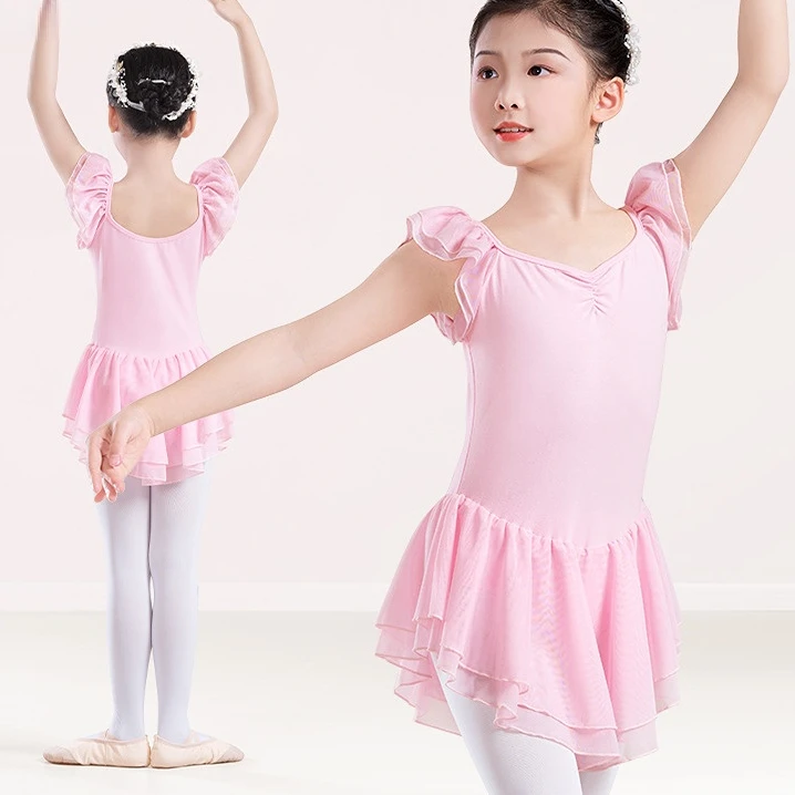 

New Summer Girls Ballet Dance Dress Leotard with Skirt Layered Fly Sleeve Kids Performance Chiffon Costume Dancing Cotton Pink