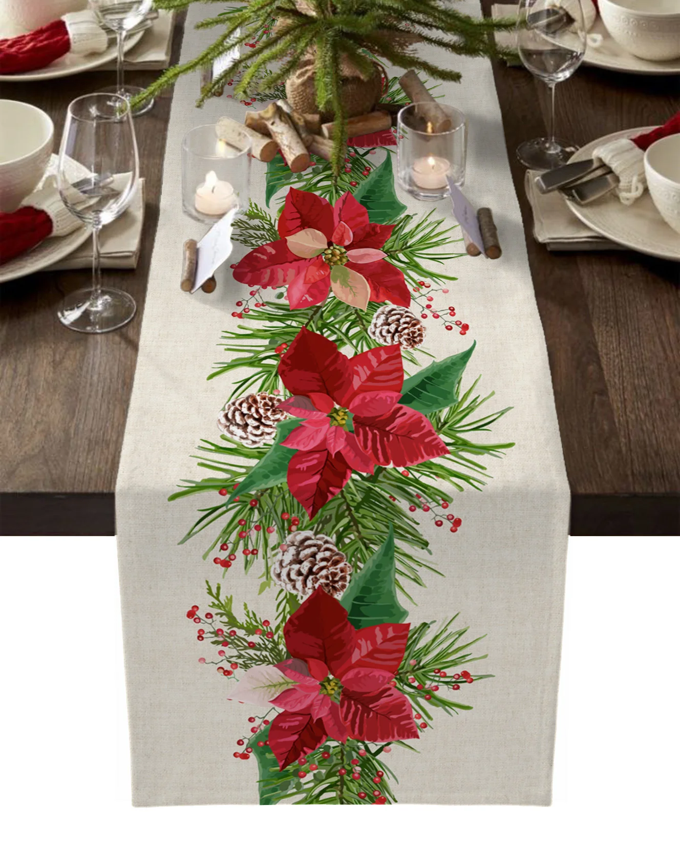 

Christmas Poinsettia Flower Linen Table Runners Wedding Decor Reusable Dining Table Runners Holiday Party Navidad Decorations
