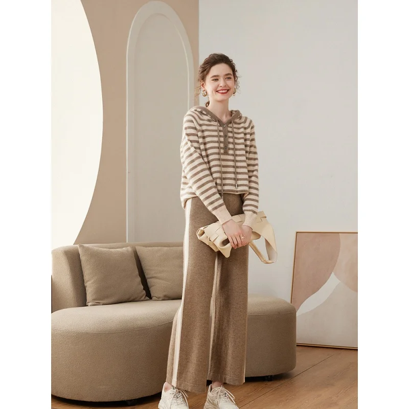 

Autumn and Winter New Cashmere Light Luxury Wide-Leg Pants Women's Fashionable Elastic Waist High-Grade Simple Loose Casual Trou