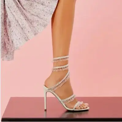 

Chandelier Sandals With Snake-like Ankle Spiral Straps Stiletto Sandals Slingback Crystal-embellished Brand Design Party Heels