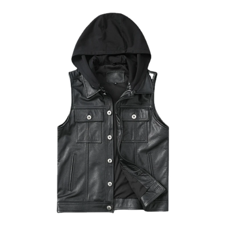 

Black Vintrage Brown Genuine Cow Leather Vest Men Fashion Slim Cowhide Vests Motor Rider Leather Vest Hooded Sleeveless Jacket