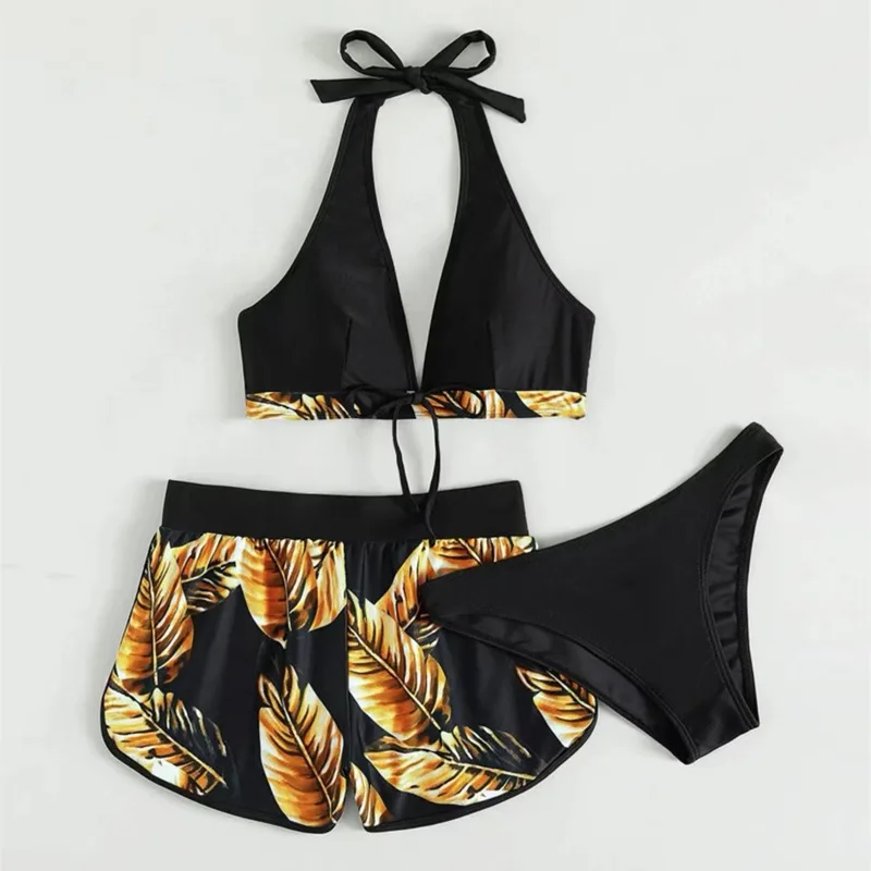 Three Pieces Bikini Set with Shorts Swimsuit for Women Push Up Separate Swimwear Halter Beach Wear Clothes Bathing Suit S-2XL