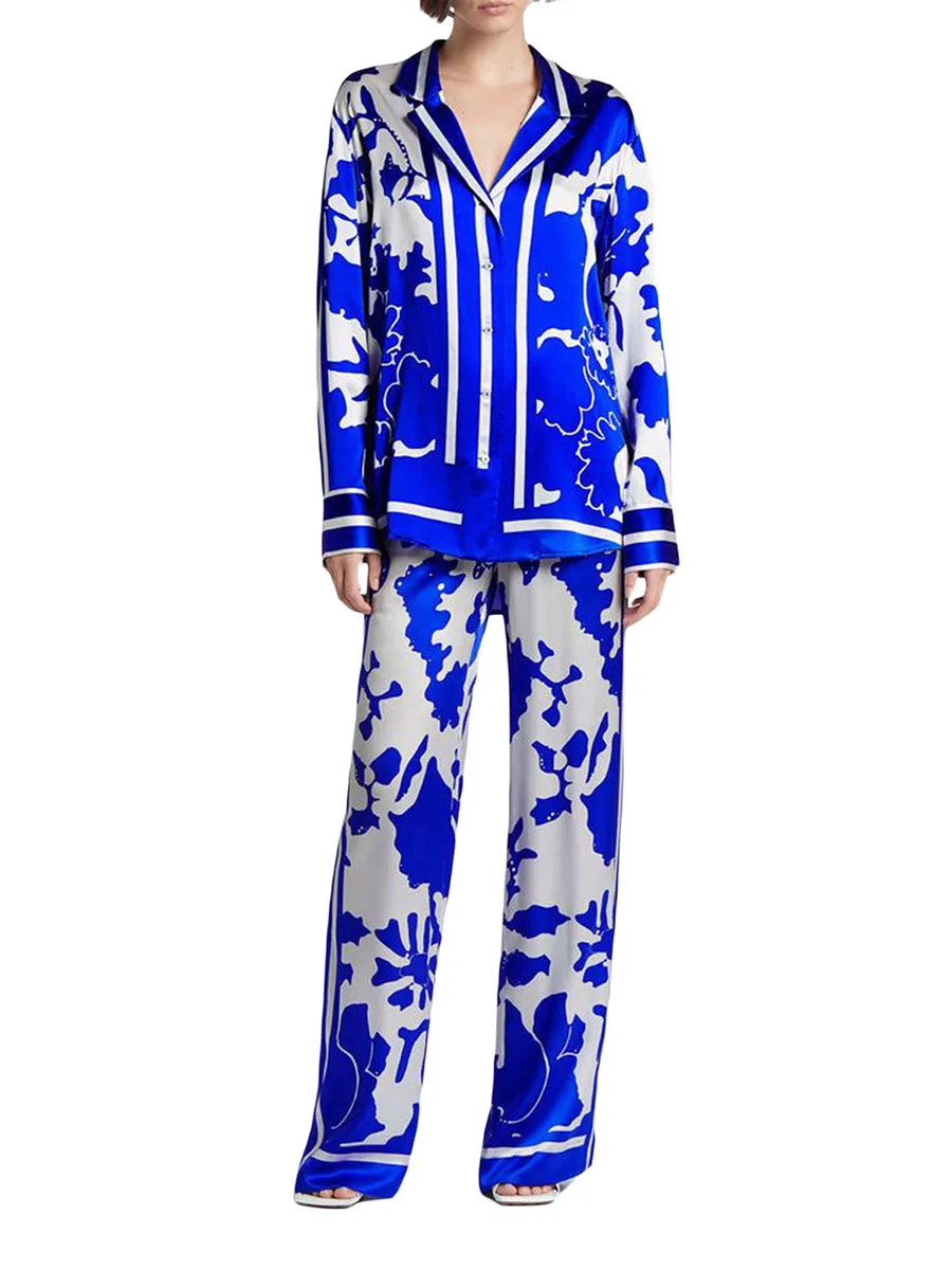 

Women s 2 Piece Casual Outfits Long Sleeve Lapel Floral Shirt Wide Leg Pants Sets Streetwear