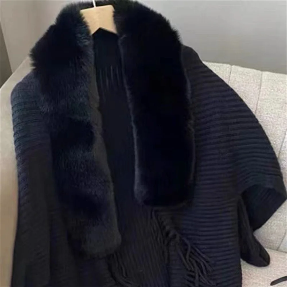 2024 Women Winter Warm Batwing Sleeves Poncho Cardigan Shawl Cape Big Pendulum Loose Knitted Cloak Faux Fur Neck Tassel Overcoat