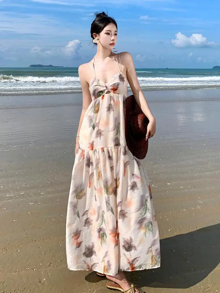 

Boho Sexy Beige Print Elegant Spaghetti Strap Party Bandage Slip Dress Summer Vintage Backless Pleated Long Sundress Women 2024