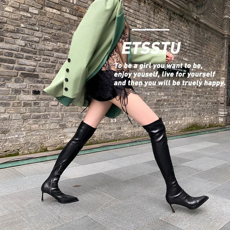 

MKKHOU Fashion Over-the-knee Boots Women New High-Quality Leather Pointed Toe Elastic Boots 7cm High-Heeled All-match Long Boots