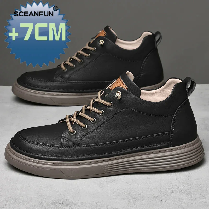 Men Sneakers Elevator Shoes Hidden Heels Heighening Shoes For Men Increase Insole 7CM Sports Casual Genuine Leather Designer 5
