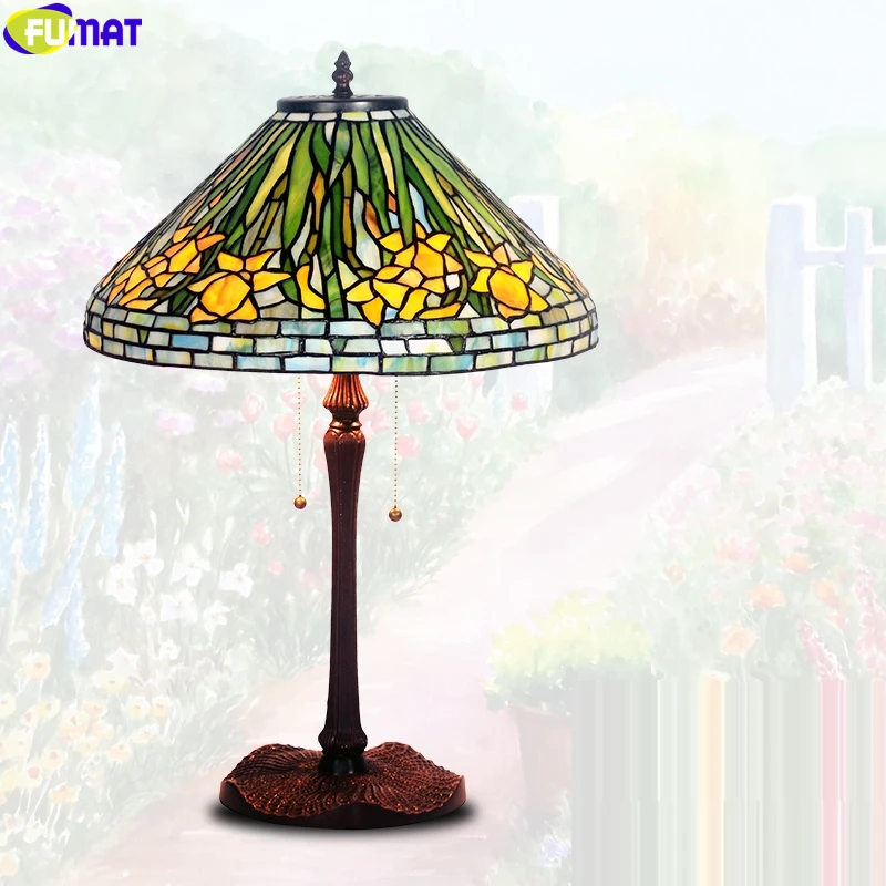 

FUMAT Tiffany Style Garden Orchard Poppy Daisy Kapok Stained Glass Table Lamp Classical Desk Light Home Deco Art Lighting 16Inch