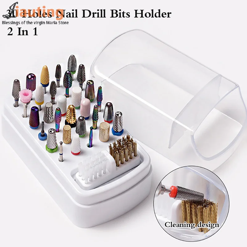 

White 30 Holes Nail Drill Bits Holder Clear Dust Proof Drill Bit Case for Acrylic Nail Drill Bits Storage Nail Tools With Brush