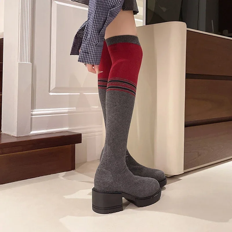 Women's Shoes High Boots Autumn Winter Woman Over-the-knee Long Stocking Elastic Socks New Rock High Heel Round Toe Chunky Black