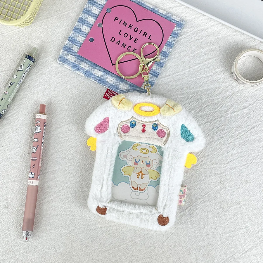 Animal plush card sleeve cute angel devil lamb ID card bag photo show couple pendant 3