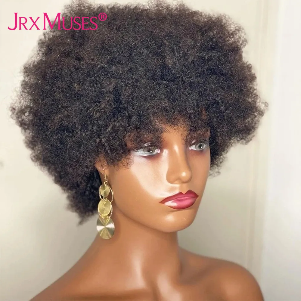 Mongolski Afro perwersyjne kręcone ludzkie włosy peruka dla kobiet tanie pełna maszyna wykonane krótki Bob 4C Afro kręcone naturalne peruka Glueless