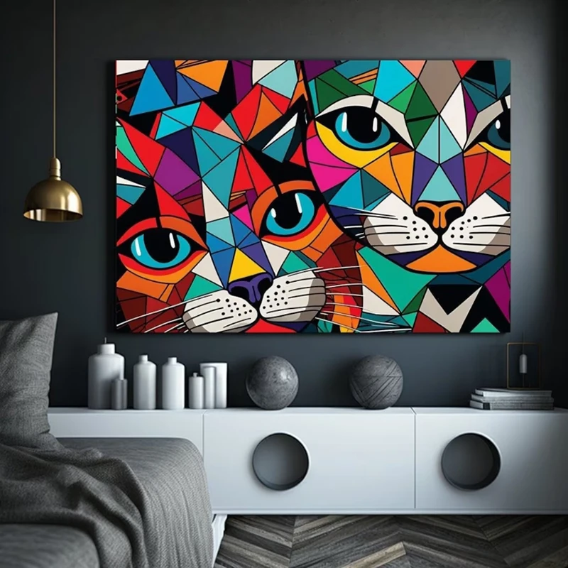 Abstract Cats Wall Art Canvas Painting Animal Posters and Prints Geometric Abstract Art Pictures For Living Room Home Wall Decor