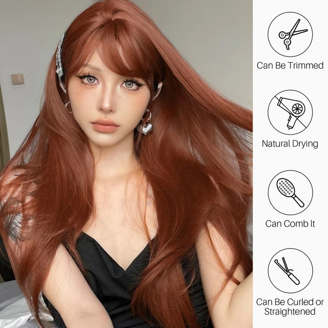 Reddish Brown Straight Layered Synthetic wig with Bangs Long hair Copper Ginger Wig for Women Daily Use Heat Resistant Wigs 2