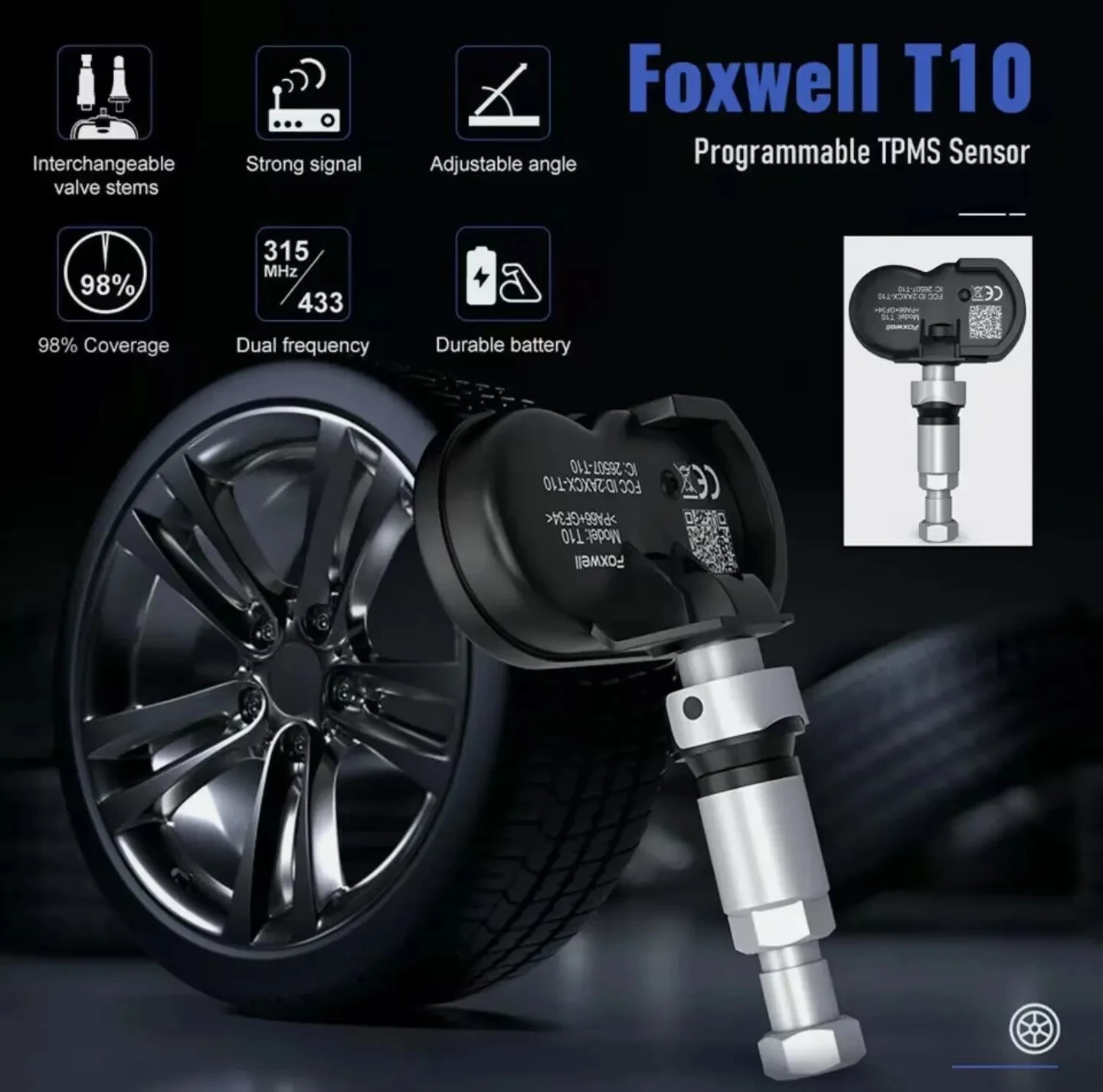 Foxwell T10 MX 센서 TPMS, 433MHz 315MHZ OE 범용 활성화 프로그래밍 타이어 압력 모니터 테스트 수리 도구, 2 in 1, 4 개