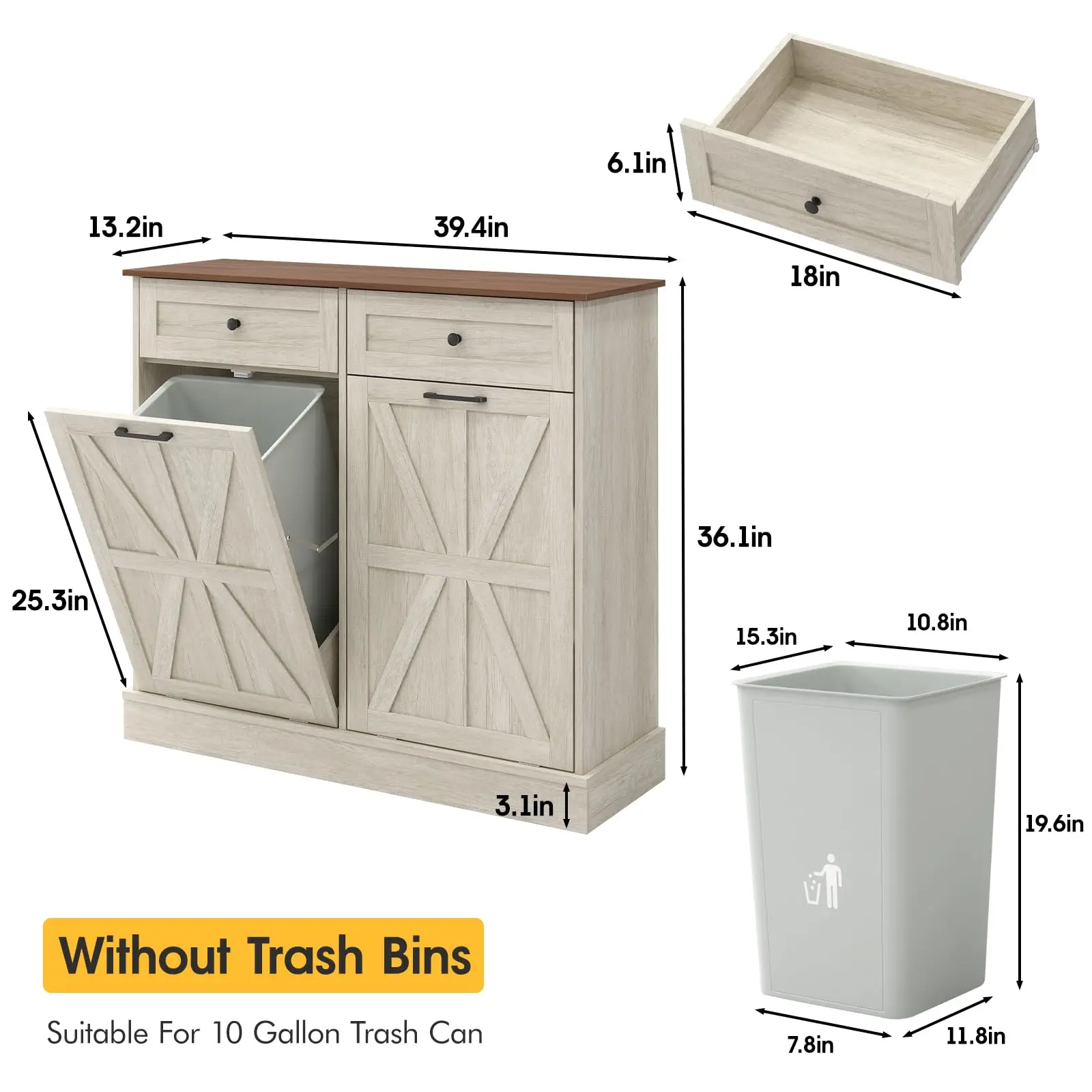 Vabches Tilt Out Trash Cabinet Kitchen Trash Cabinet with 2 Drawers Island Counter Trash Bin Cabinet for 10 Gallon Garbage Can 2