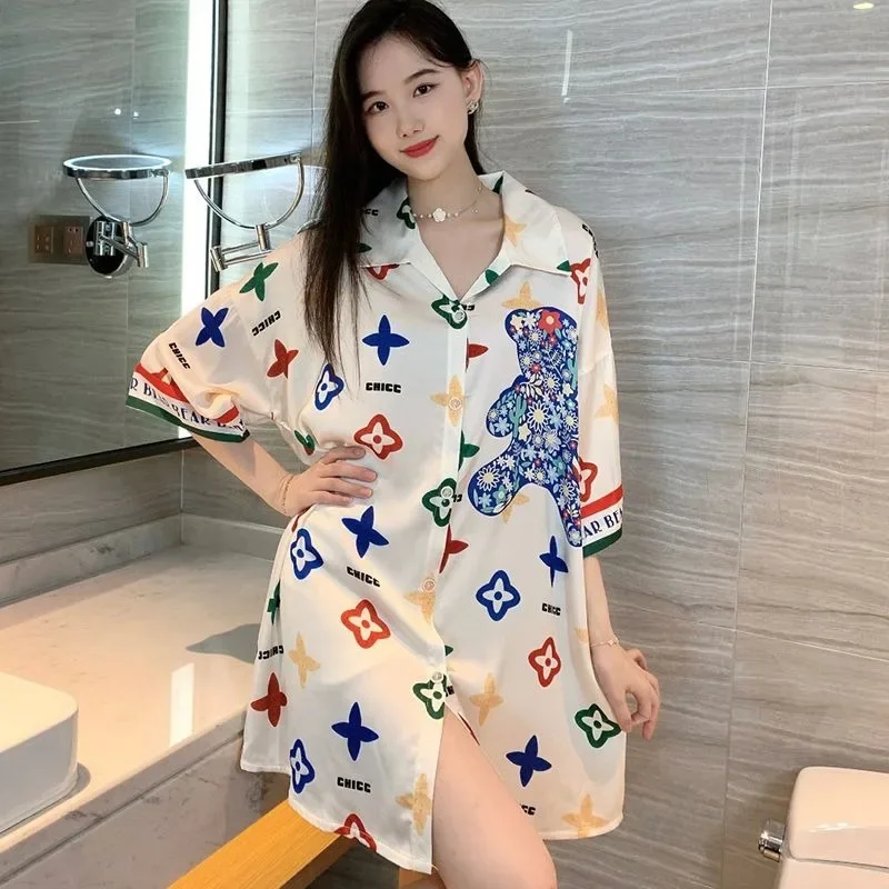 2024 New Extra-large Short Nightdress Women Summer Loungewear French Thin Shirt Half Sleeve Pajamas Women V-neck Homewear new cotton nightdress women s summer short sleeve cardigan pajamas women s middle length over knee loose large size home clothes