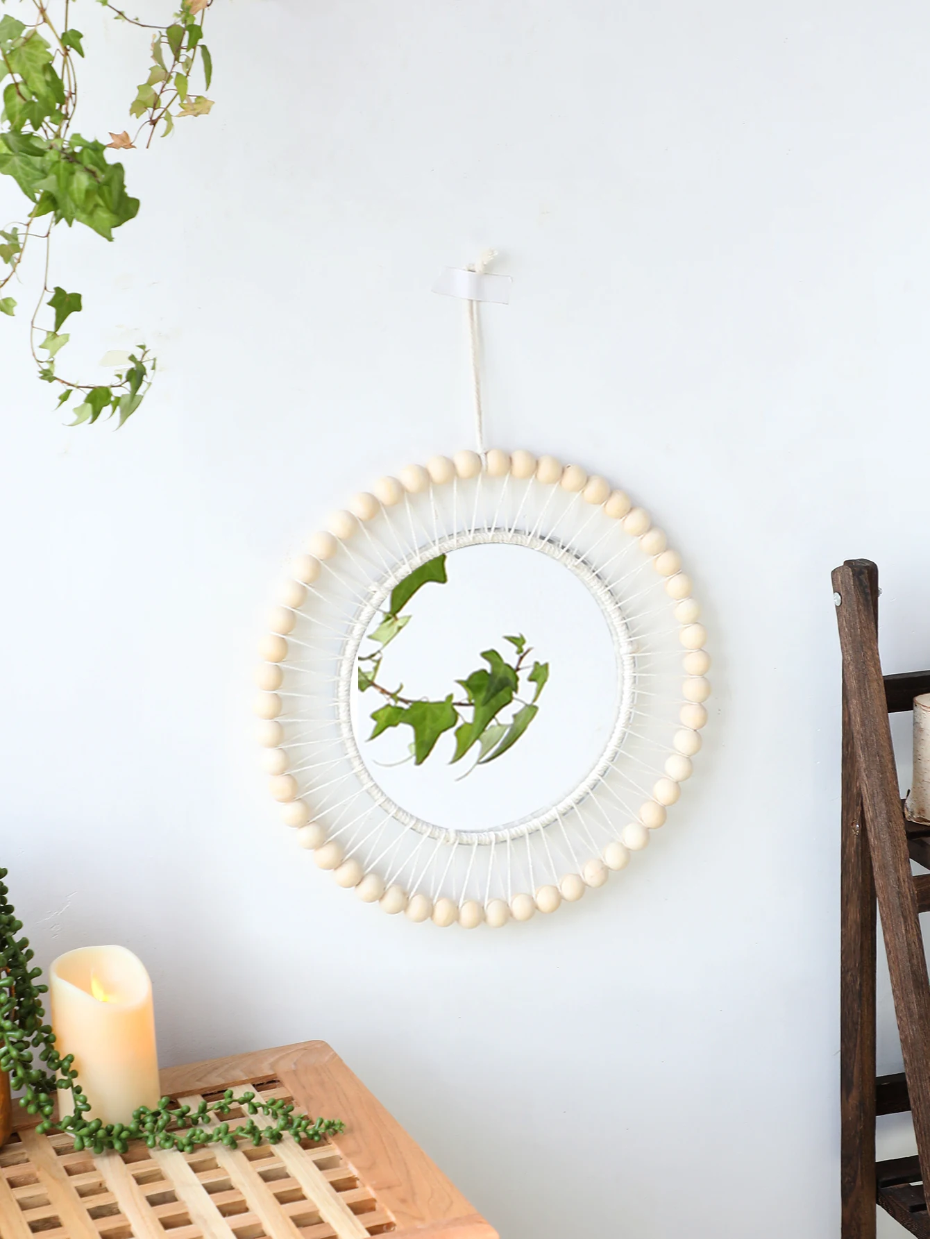 Wall Round Mirror Handmade Macrame White Leaf Bohemian Decorative Hanging Mirrors For Home Living Room Decor House Decoration
