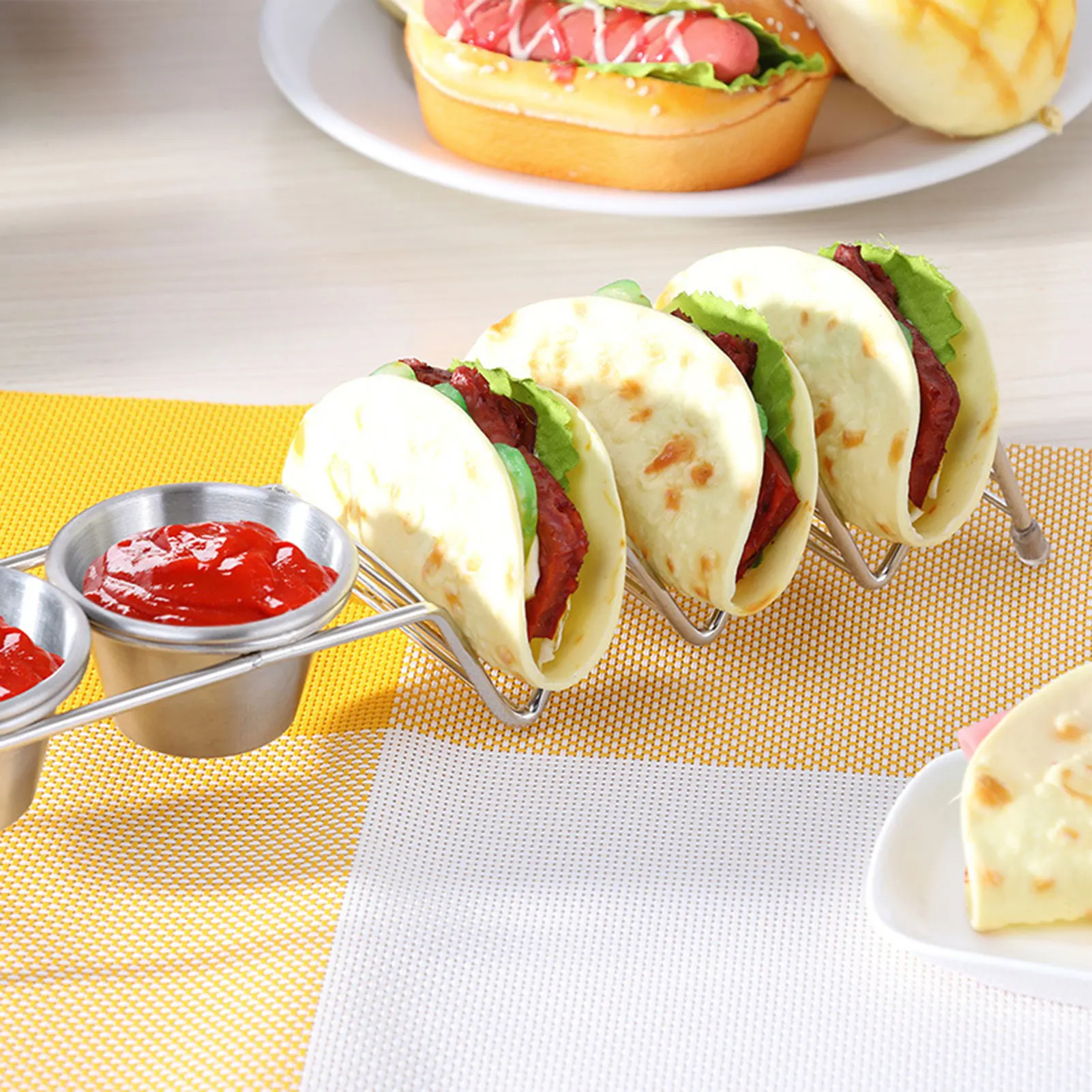 Stainless Steel Taco Holder With Dipping Dish Wave-Shape Mexican Tacos Rack Taco Food Plates Display Stand For Home Kitchen