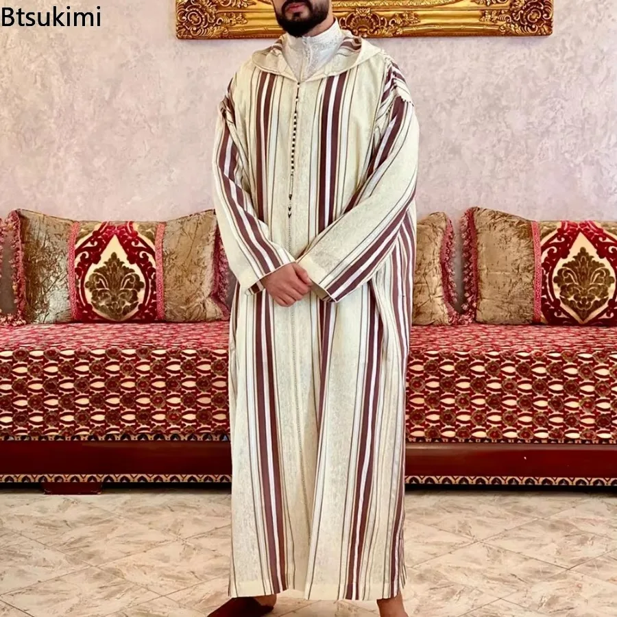 Djellaba Thobe Homme Marocaine - Gris Rayé à Capuche - Manches Longues