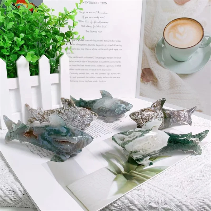 

Natural Crystal Moss Agate Shark Crystal Carving For Garden Decoration