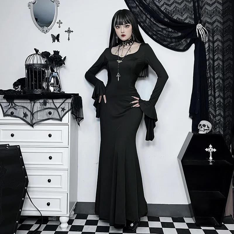 

Women Black Petal Sleeve Elegant Slim Modified High-waisted Cheongsam Ankle-tight Fishtail Dress Halloween Copslay Witch Suit