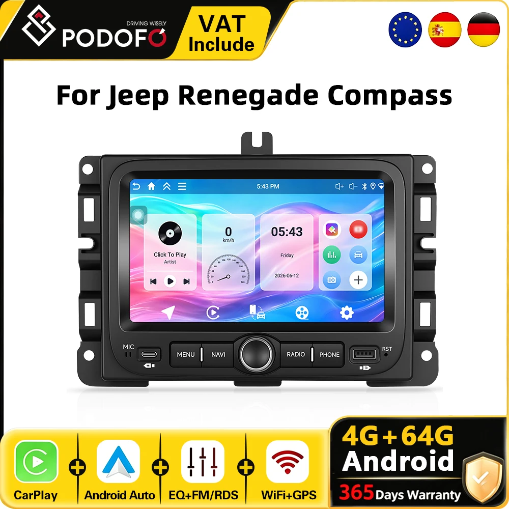 Radio de coche Podofo 2 Din 7" 4G+64G Android para Jeep Renegade 2016-2021 Compass 2017-2020, sistema inteligente para coche, GPS, WiFi, BT, FM, reproductor de coche, CarPlay, Android Auto, reproductor multimedia de vídeo para coche 1