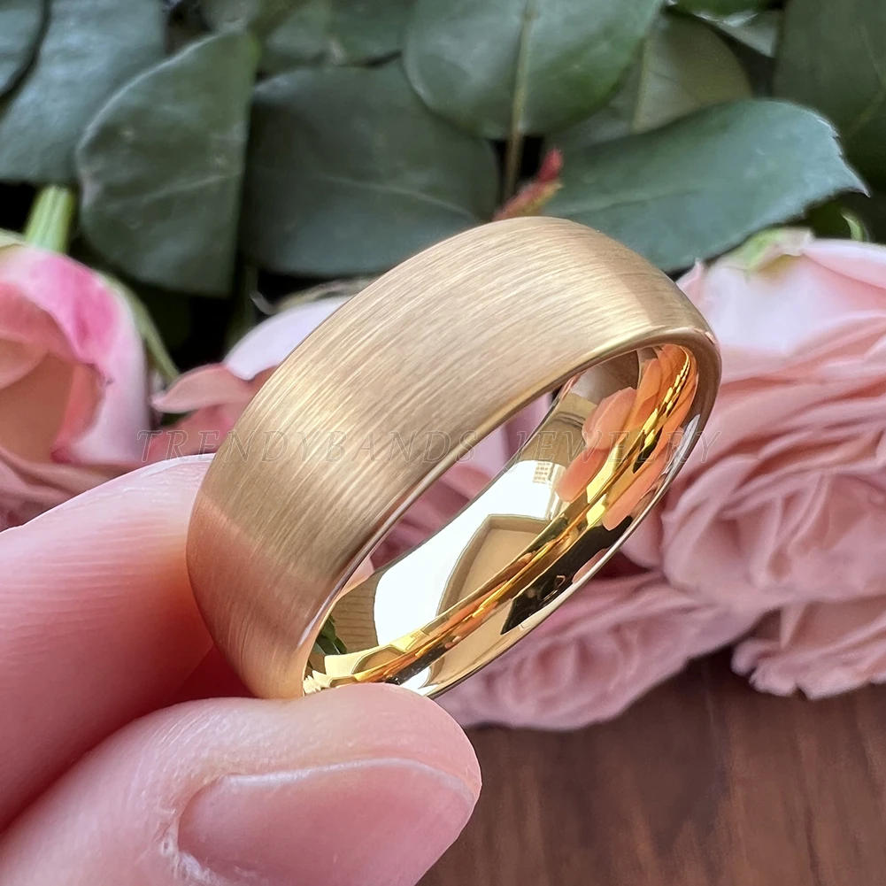 8mm 6mm Gold Plated Wholesale Rings for Women Men Tungsten Carbide Engagement Wedding Band Domed Brushed Finish Fashion Jewelry