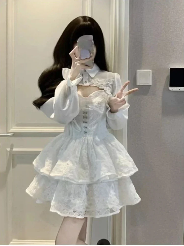 

Женский комплект из двух предметов, Укороченная рубашка и белое кружевное платье на бретельках, повседневный комплект мини-платья Y2k в Корейском стиле, шикарный летний наряд 2023