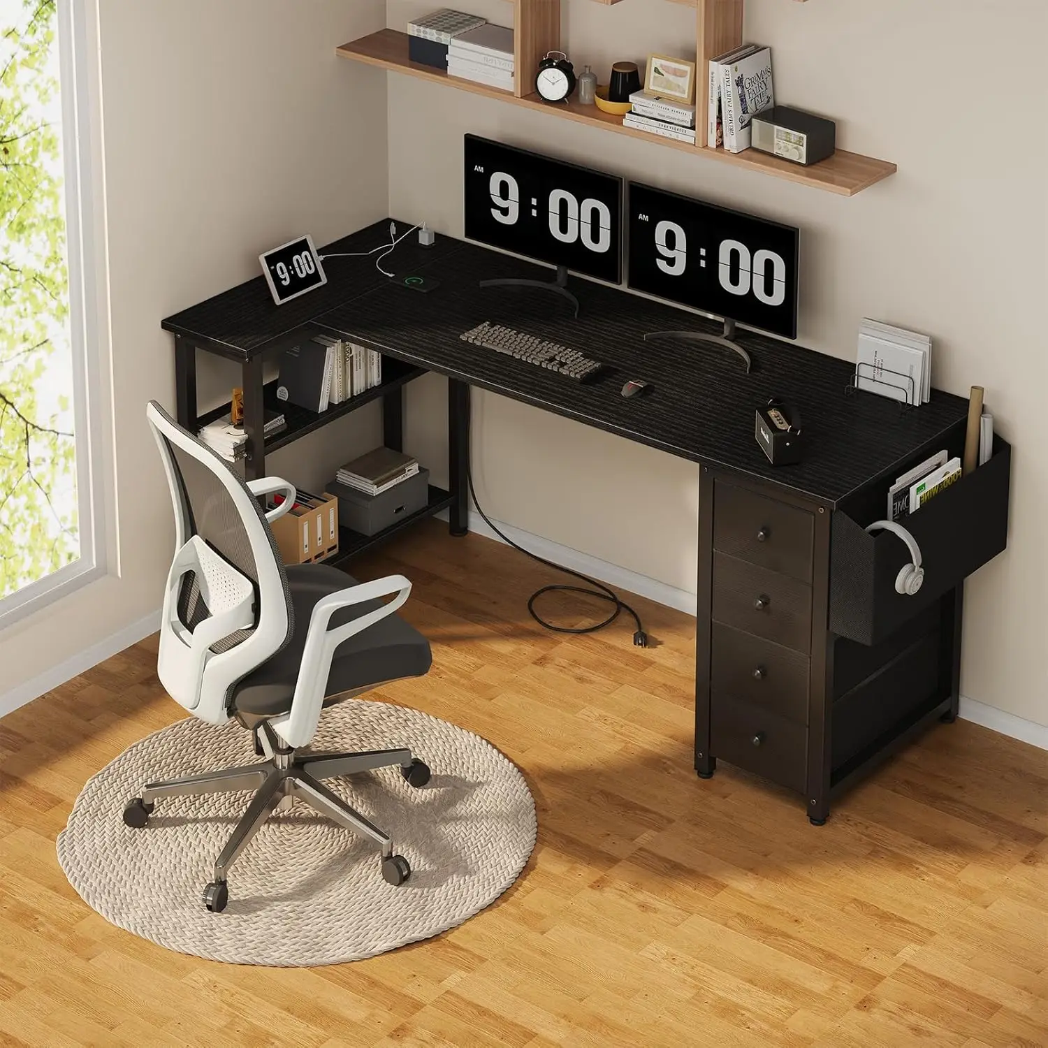 L Shaped Gaming Desk with Drawers  Storage Shelves  63 Inch Corner Computer Desk with Power Outlet for Home Office Bedroom  L Sh 2