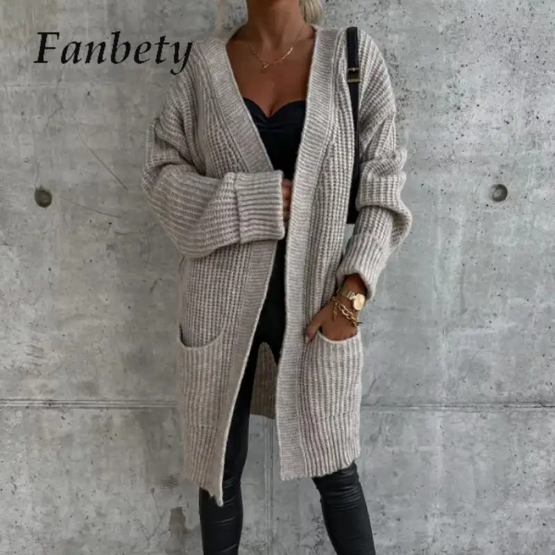 

Vintage Solid Knit Cardigan Women Fall Casual Long Sleeve V-Neck Sweater Overcoat Ladies Commuter Loose Pocket Mid-Length Coats