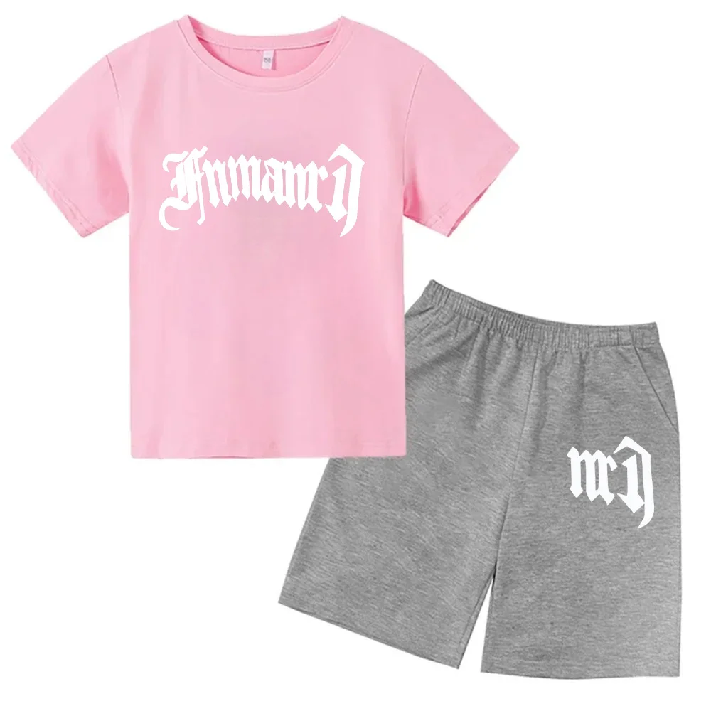 thumbnail image 1 of Ropa para niños con estampado de marca gótica, conjunto de camiseta y pantalones cortos de verano para adolescentes, 2 piezas, manga corta, moda informal para niños y niñas, 1 of 5