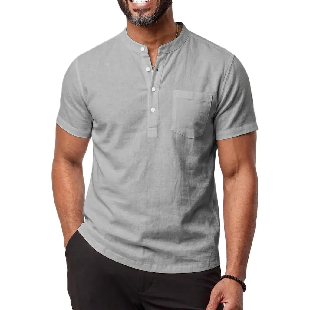 New Short Sleeve Shirt Man Solid Color T-shirts Linen Cotton Summer Shirts Breathable Loose Hawaiian Shirt Pocket Vintage Tee