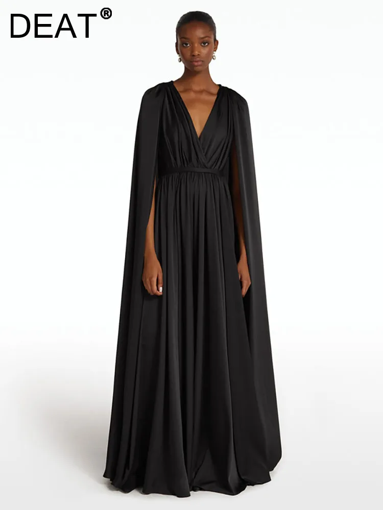 

DEAT Women Fashion Evening Dress Deep V-neck Patchwork Shawl Pleated Zipper Loose Elegant Party Dresses Summer 2023 New 13DB3616