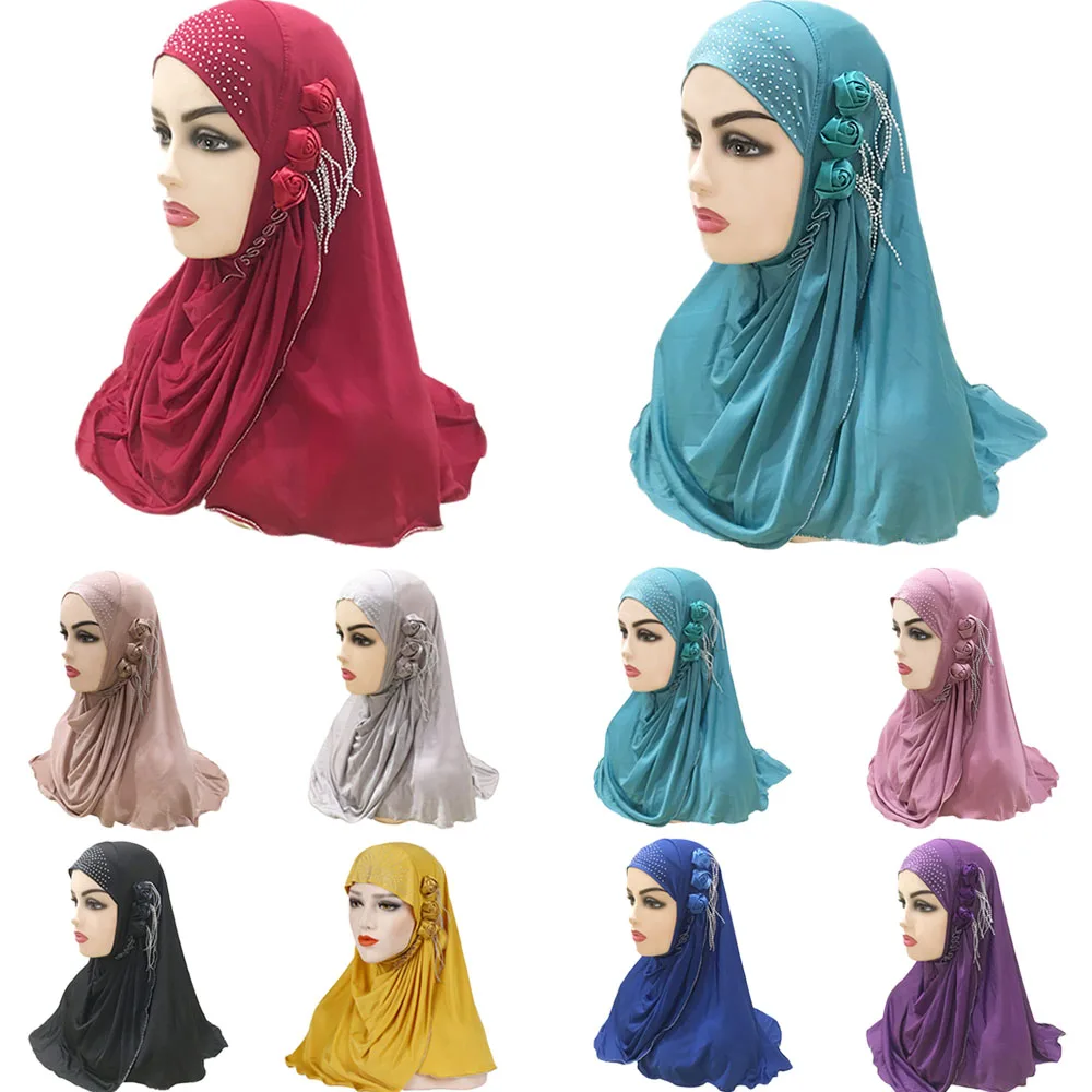 

60*60cm Flower Girls Muslim Women Amira Hijab Pull On Instant Islamic Scarf Head Wrap Prayer Scarves Turban Headwear Cap Ramadan