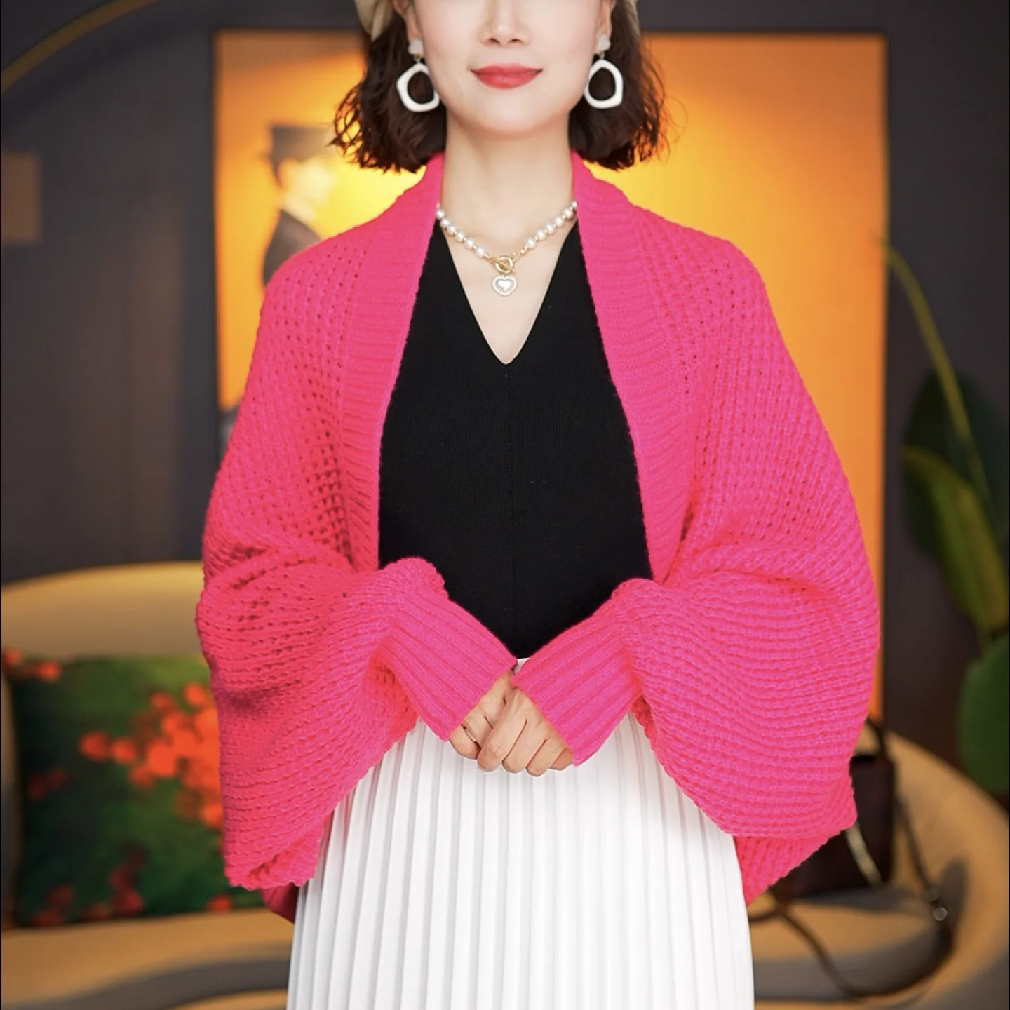 

Womens Cropped Shrugs Sweaters Long Sleeve Open Front Cardigan Lightweight Knit Shawl Tops Cover Up Ponchos Rose Red Cloak