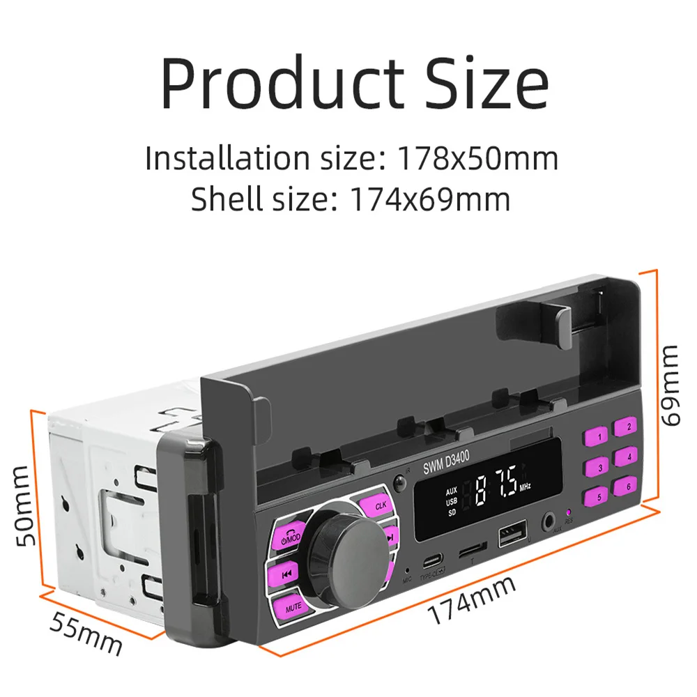 Car Radio Bluetooth 1 Din MP3 Player Handsfree A2DP Type C USB TF Aux APP Remote Cell Phone Holder Audio System Head Unit D3400