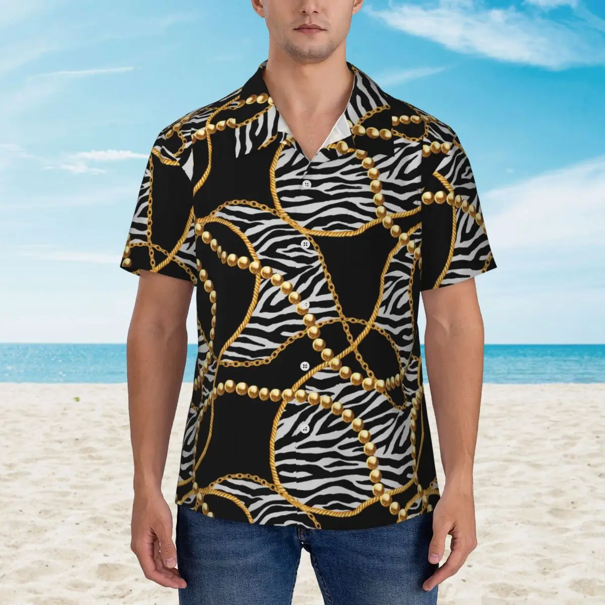 

Hawaiian Shirt Vacation Golden Chain Blouses Zebra Print Novelty Casual Shirts Male Short Sleeve Streetwear Clothes