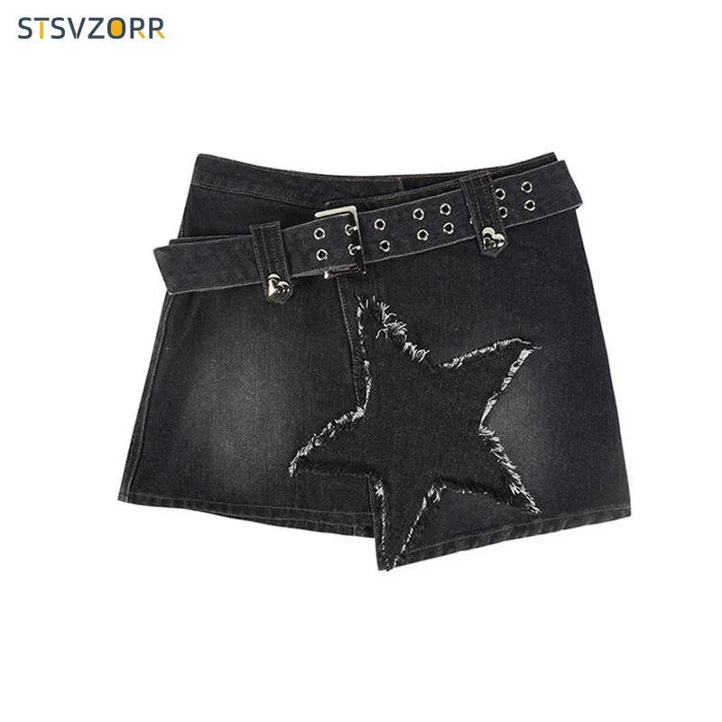 STSVZORR  Y2K 2023 new summer women's retro stars denim half skirt high waist containing belt anti-slip A-line culottes hoop petticoat for women bridal a line crinoline underskirt slip wedding ball gown dress