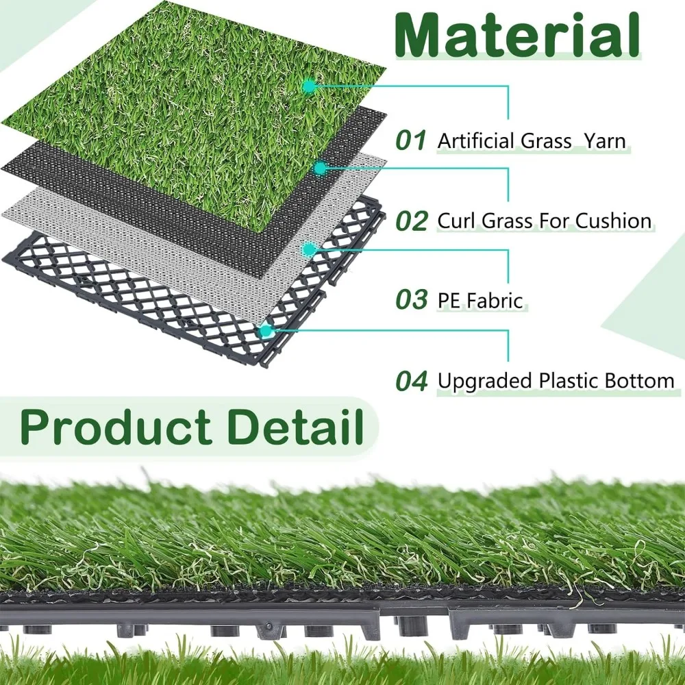 32 Pack Artificial Grass Turf Interlocking Deck Tiles 12" X 12"Thick Synthetic Square Fake Grass Interlocking Turf Self Draining
