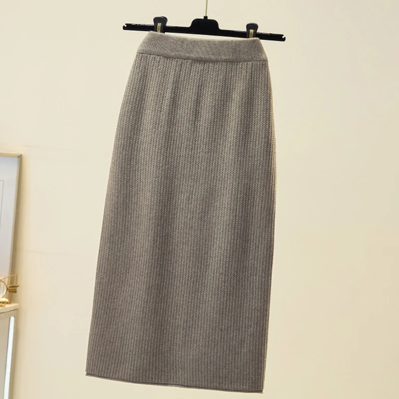 white pleated skirt Rimocy Autumn Winter Knit Pencil Skirt Women 2021 Casual Sequins Elastic High Waist Skirts Woman Elegant Split Midi Skirt Ladies denim skirt Skirts