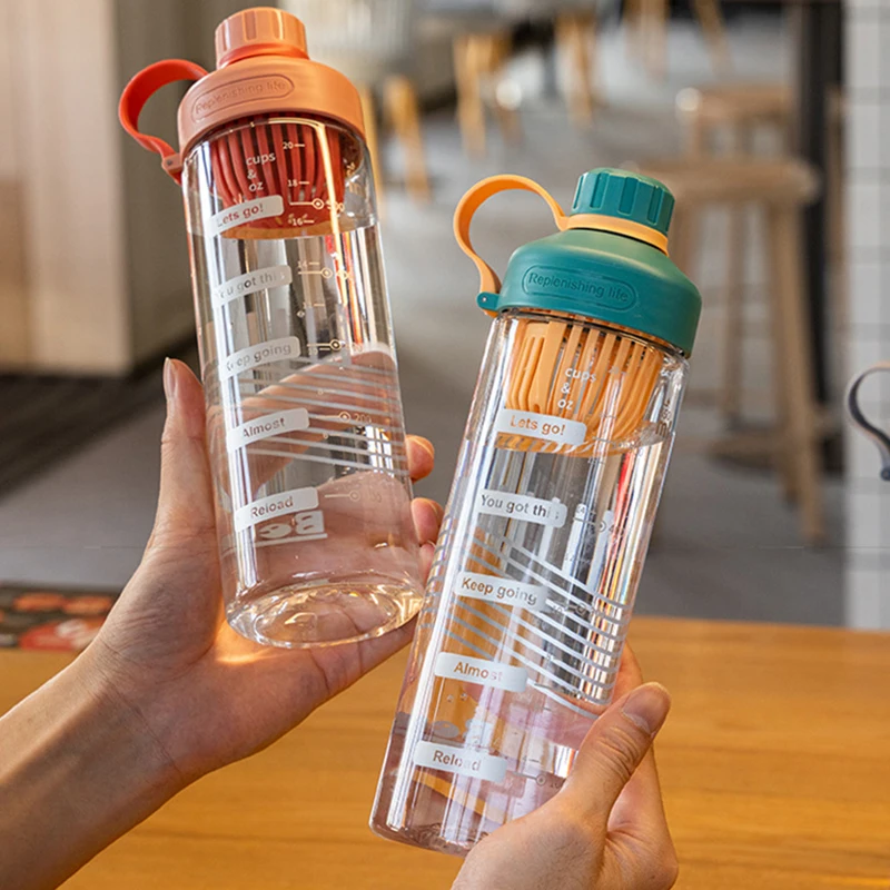 Large Capacity Water Bottle With Tea Divider Cup Plastic Water Cup Time Scale Frosted Outdoor Sports Gym Student Couple Girl