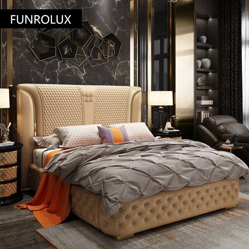 Modern leather bed leather bed luxury simple first layer cowhide double master bedroom marriage bed1.8Rice