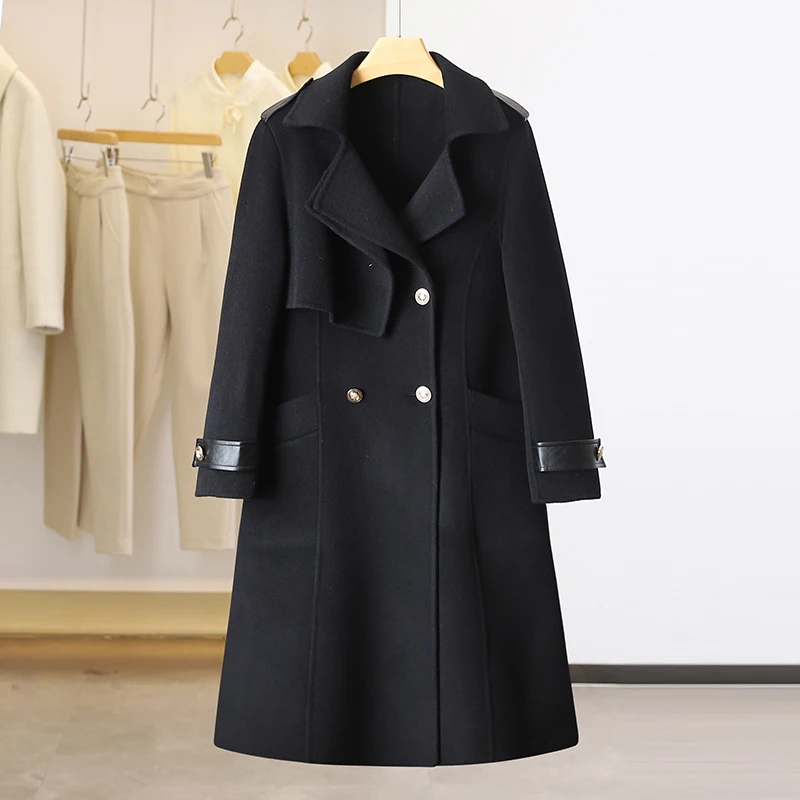 

Women's wool coat winter woolen coats elegant black long overcoat
