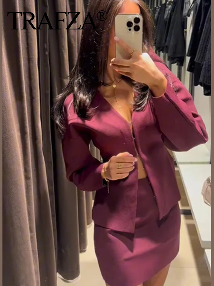 TRAFZA 2024 Autumn Slim Skirts Sets Wine Red Solid V-Neck Long Sleeve Cardigan+ A Line Mini Skirts Mujer Roupas Casual Street 5