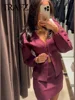 TRAFZA 2024 Autumn Slim Skirts Sets Wine Red Solid V-Neck Long Sleeve Cardigan+ A Line Mini Skirts Mujer Roupas Casual Street 5
