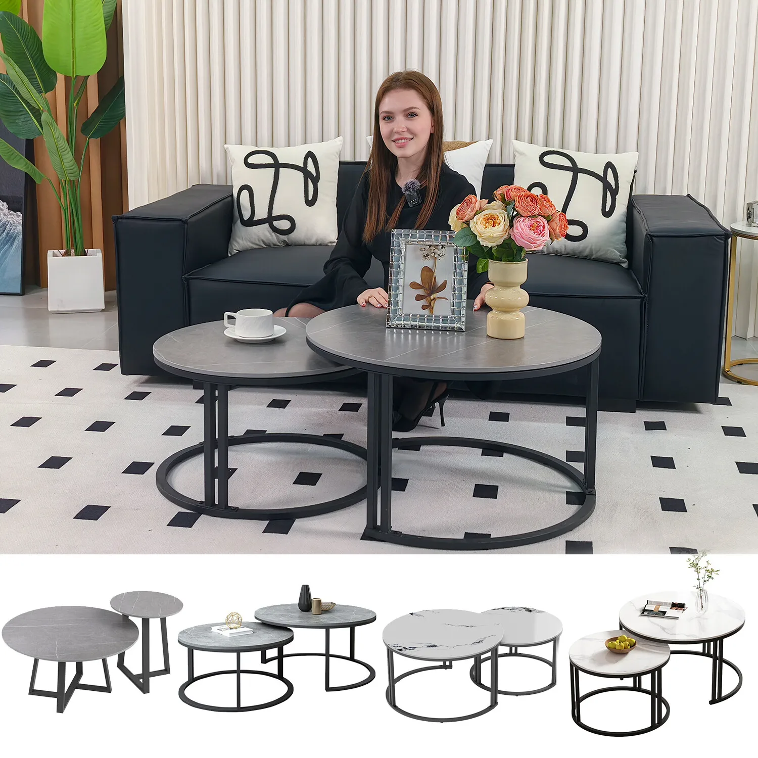 Coffee Table Set of 2 Nesting Accent Tables White Marble Top Stacking Side Desk