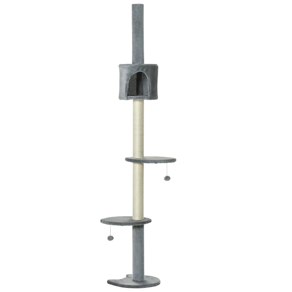 PawHut 85.5"Cat Tree Height Adjustable Floor-to-Ceiling 4-Tier Kitty Climbing Activity Center Condo Toy with Scratching Post