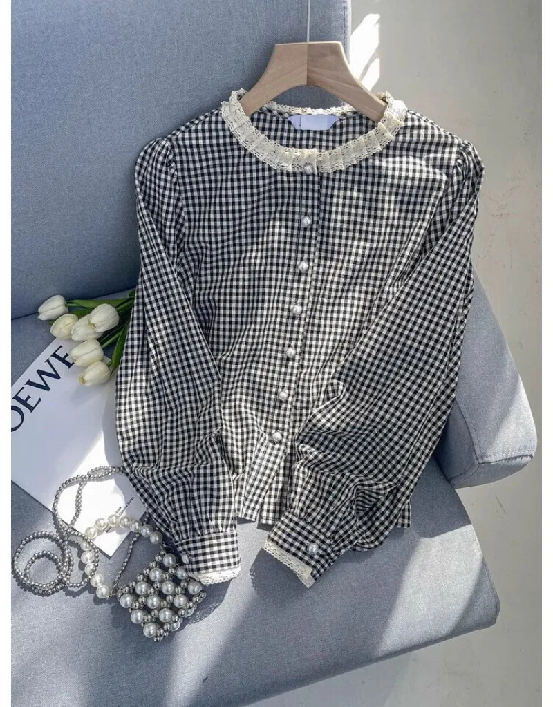 

Ruffled Plaid Chiffon Shirt for Women's 2024 Spring and Autumn New Western Style French Style Bubble Sleeved Shirts Top